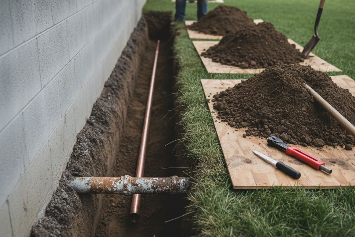 Excavated water line trench during Water Softener Installation in Trapper Creek